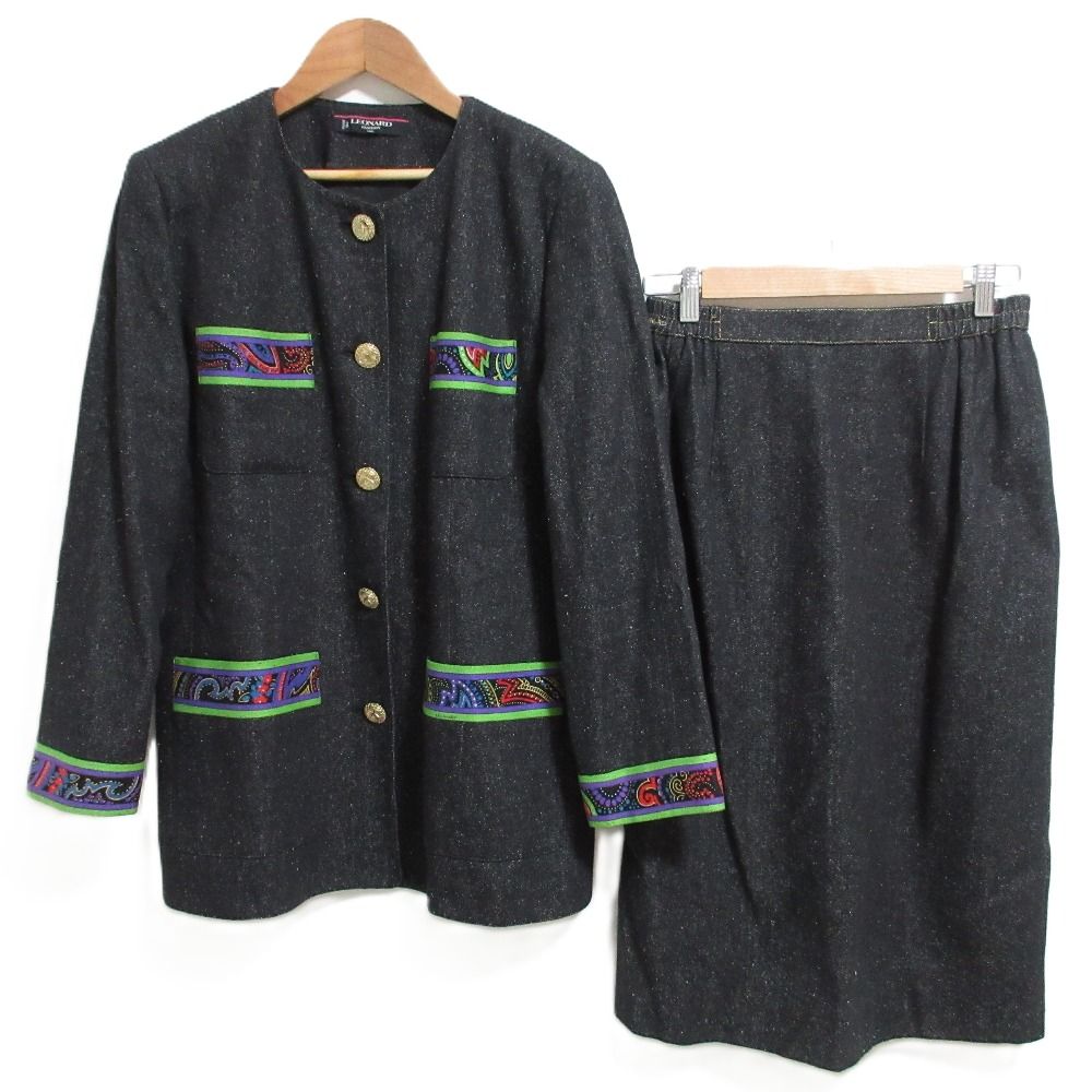 LEONARD FASHION レオナールファッション シルク ノー ジャケット スカート セットアップ 13AR ブラック レディース 古着