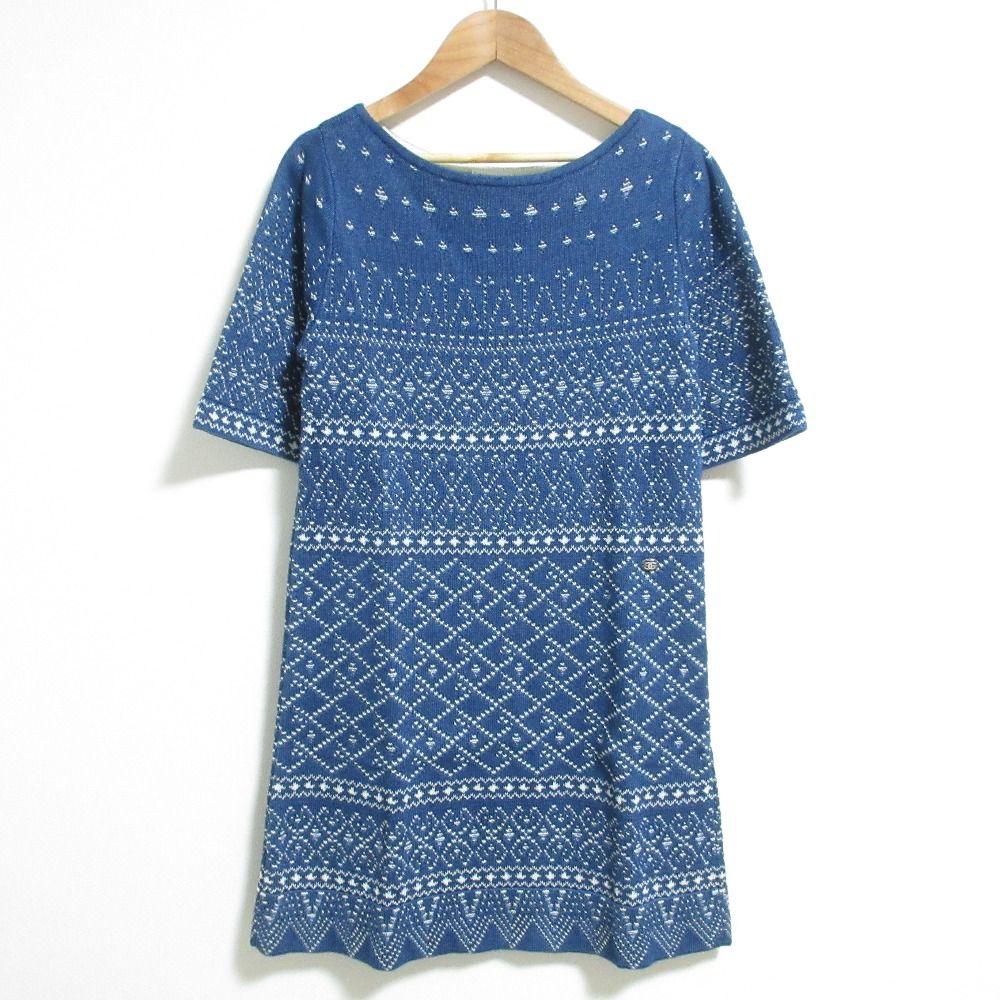 CHANEL シャネル ココマーク フェアアイル ニット ワンピース P47556 サイズ34 ブルー レディース 古着