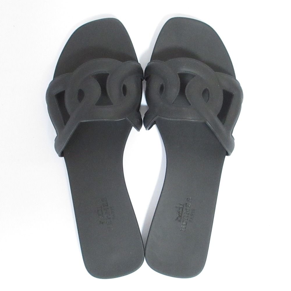 l*0様 美品HERMESエルメスアロハブラックフラットサンダルレディースサイズ 新品同様 HERMES エルメス アロハ フラットサンダル ミュール 35 22.5