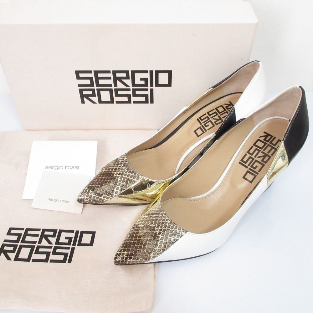 sergio rossi セルジオロッシ バイ ポインテッドトゥパンプス ホワイト 37 23 5 cm相当 ブラック レディース 古着