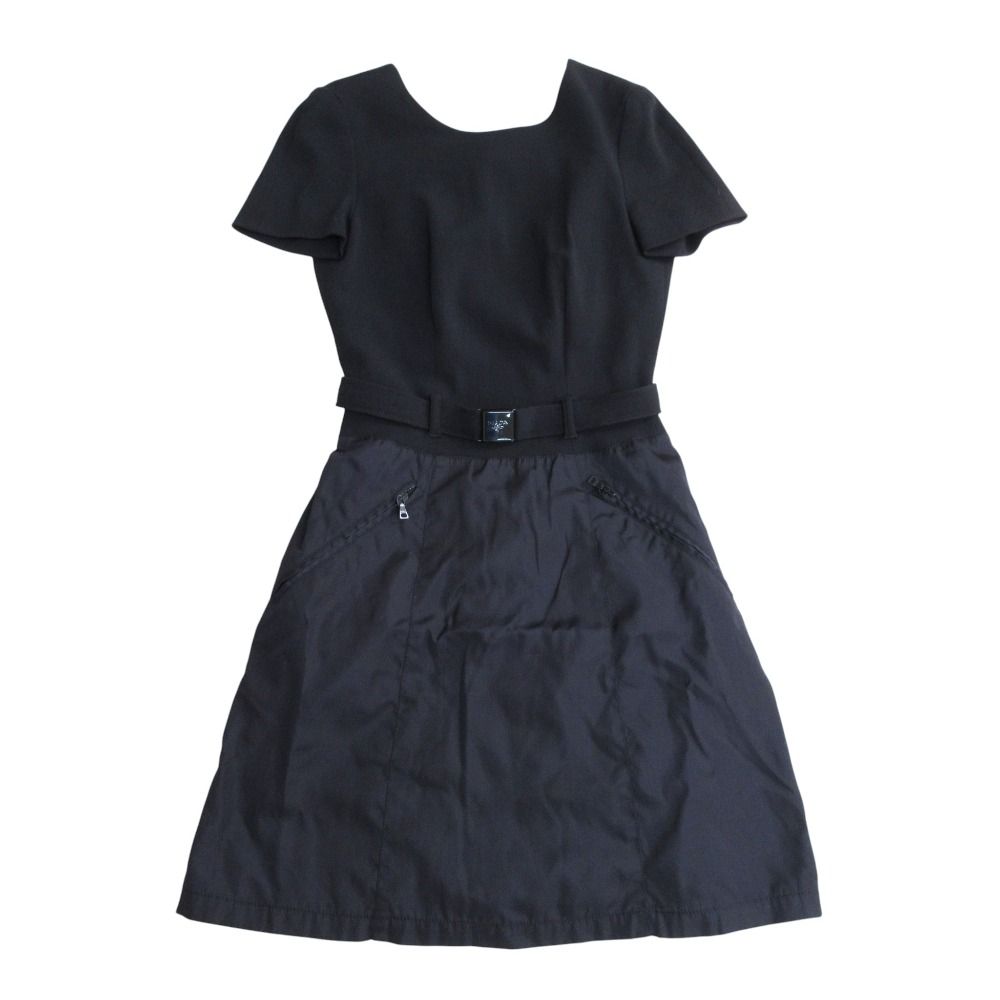 PRADA プラダ ベルト付き 半袖 ドッキングワンピース S ブラック レディース 古着