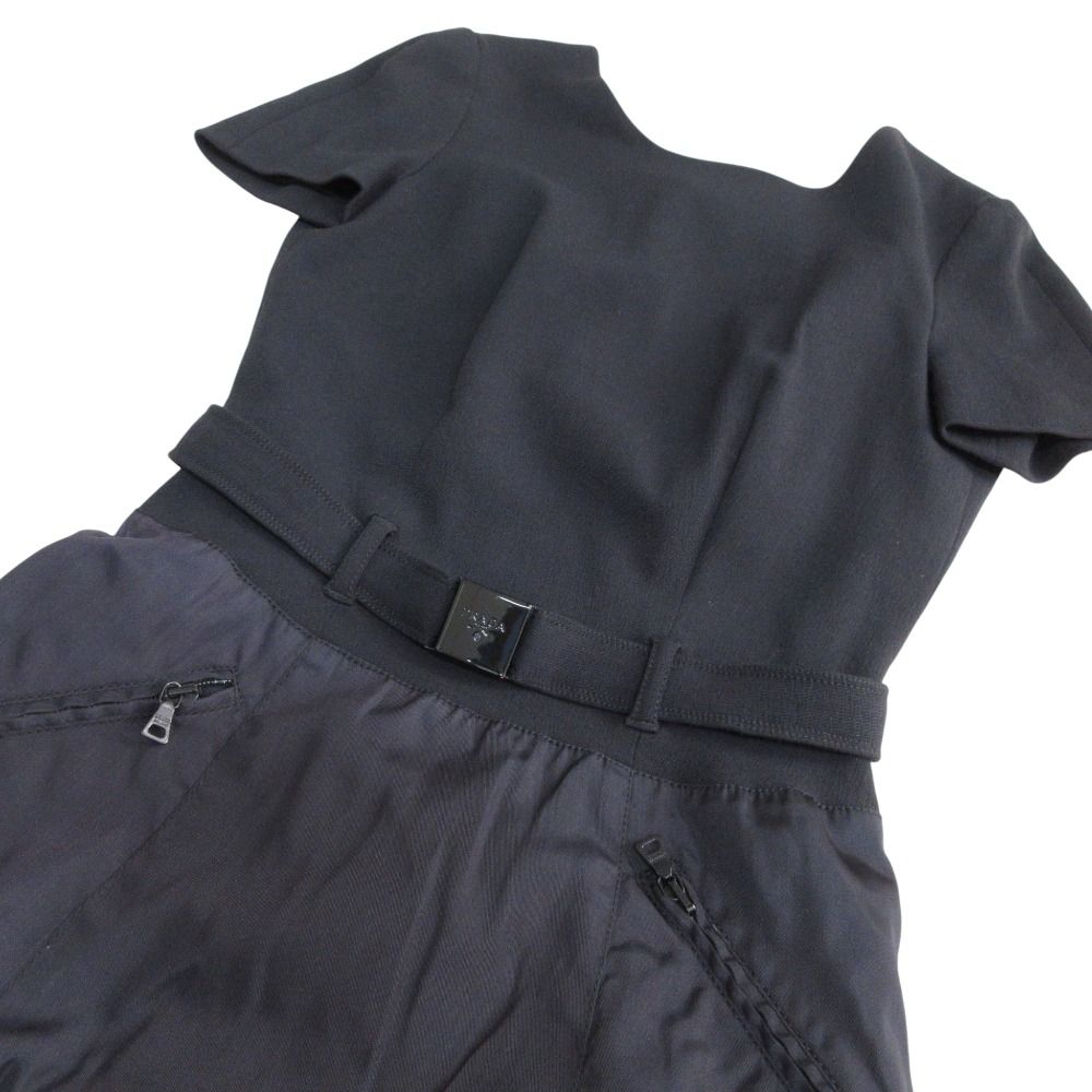  PRADA プラダ ベルト付き 半袖 ドッキングワンピース S ブラック レディース 古着 半袖 ひざ丈ワンピース