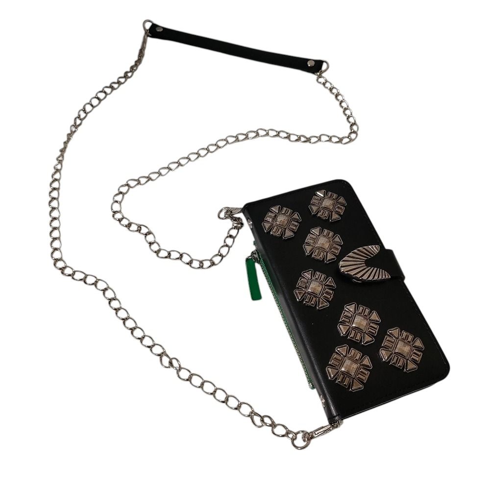 TOGA PULLA トーガプルラ レザー メタルスタッズ with chain チェーン スマホショルダー 手帳型 モバイルカバー ブラック レディース 古着