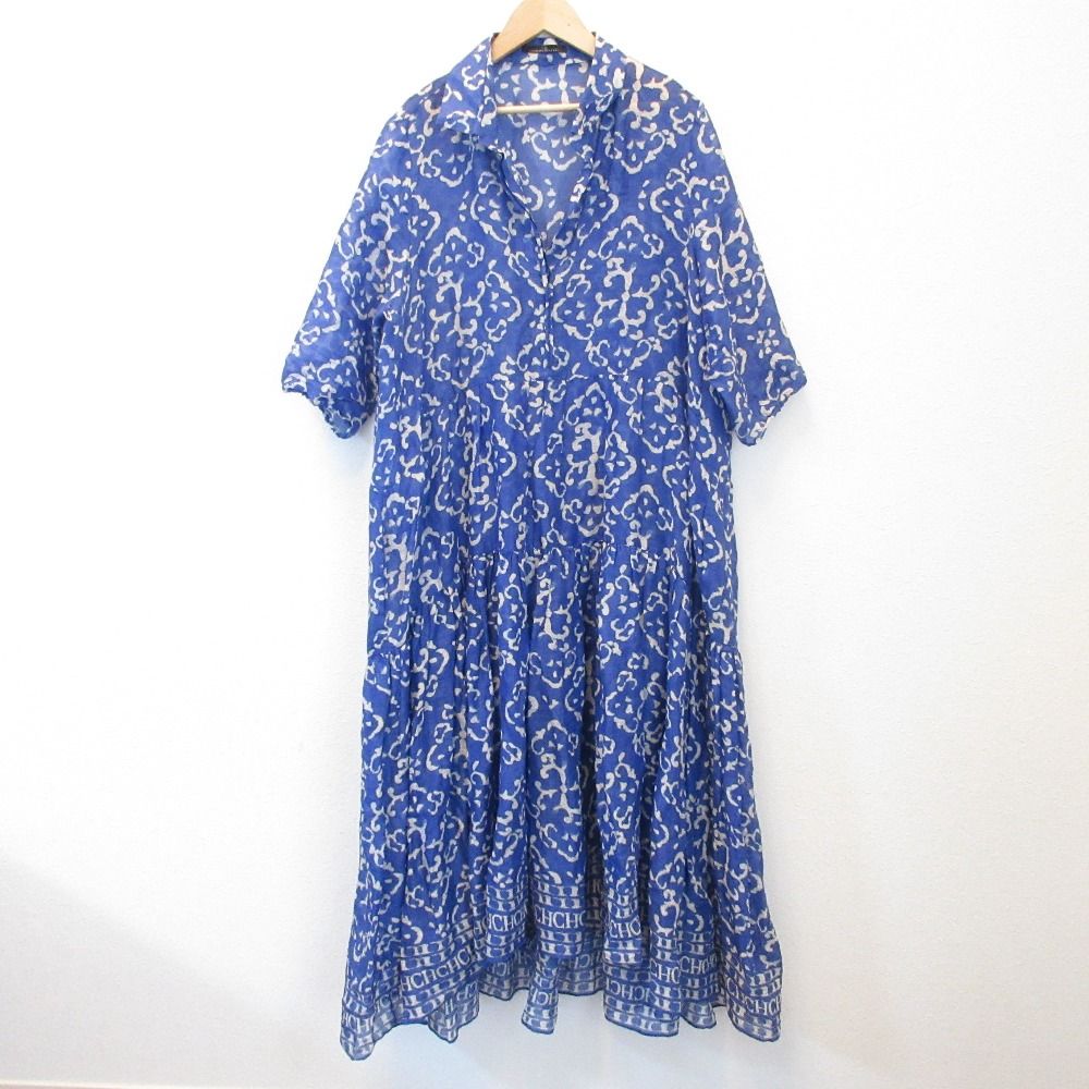 CAROLINA HERRERA キャロライナヘレラ 総柄 リネン シャツ ワンピース サイズL ブルー レディース 古着