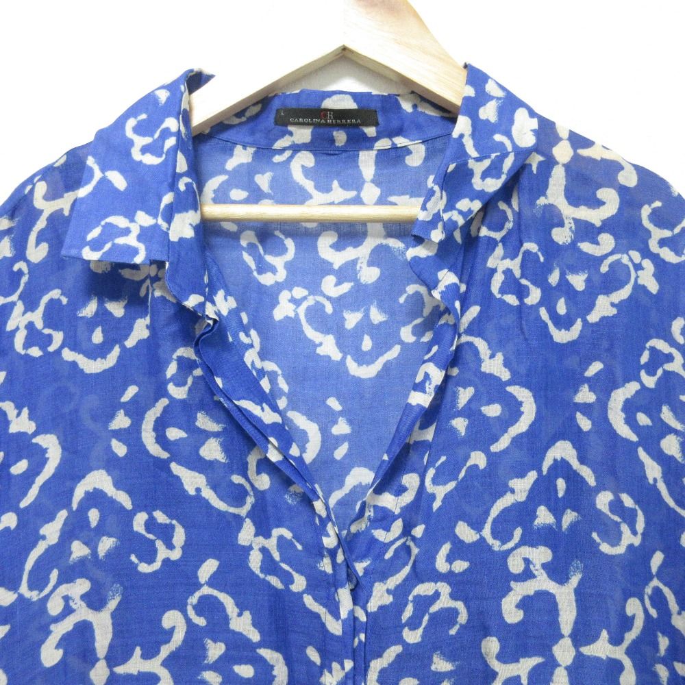 良品 CAROLINA HERRERA キャロライナヘレラ 総柄 リネン シャツ  