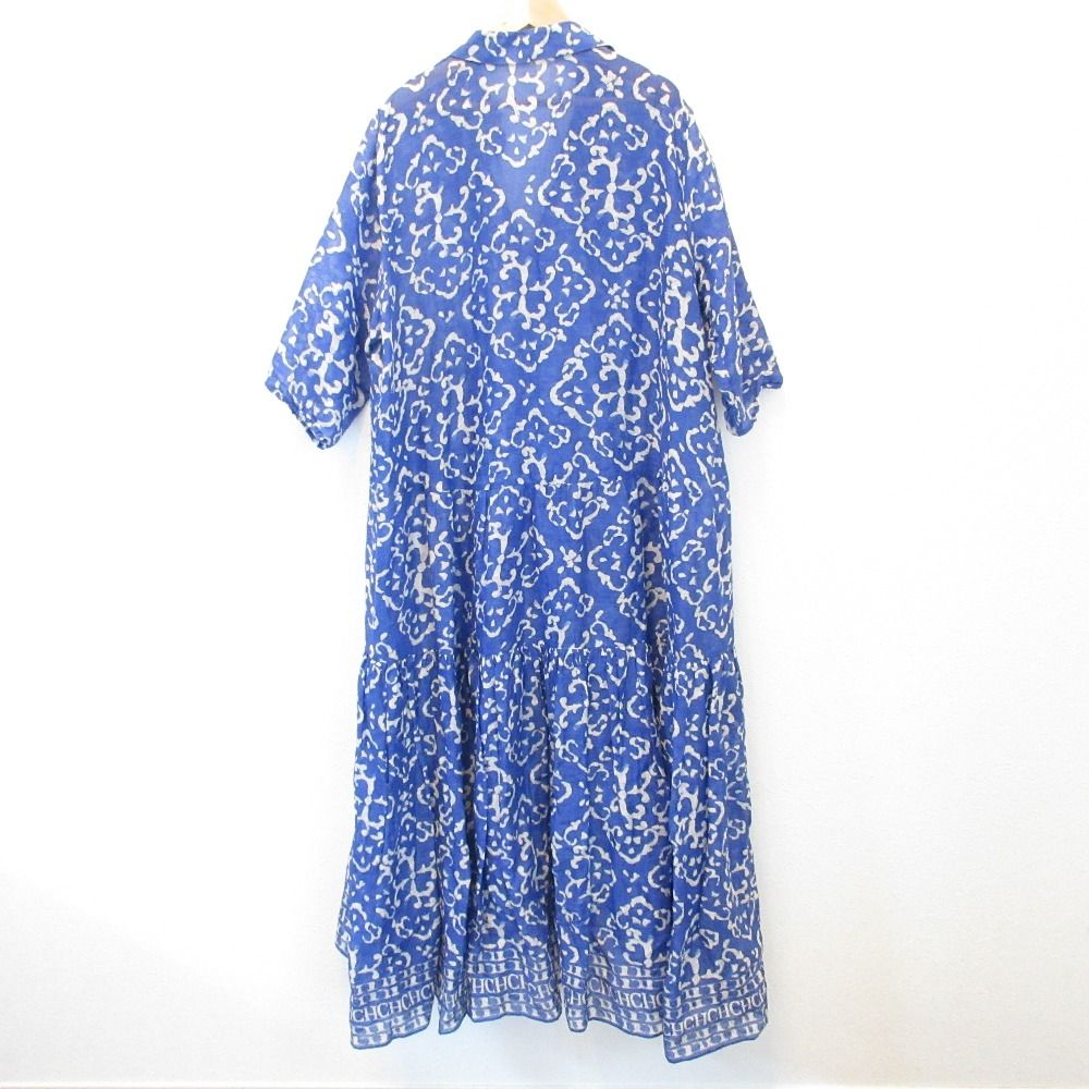 CAROLINA HERRERA キャロライナヘレラ 総柄 リネン シャツ ワンピース サイズL ブルー レディース 古着