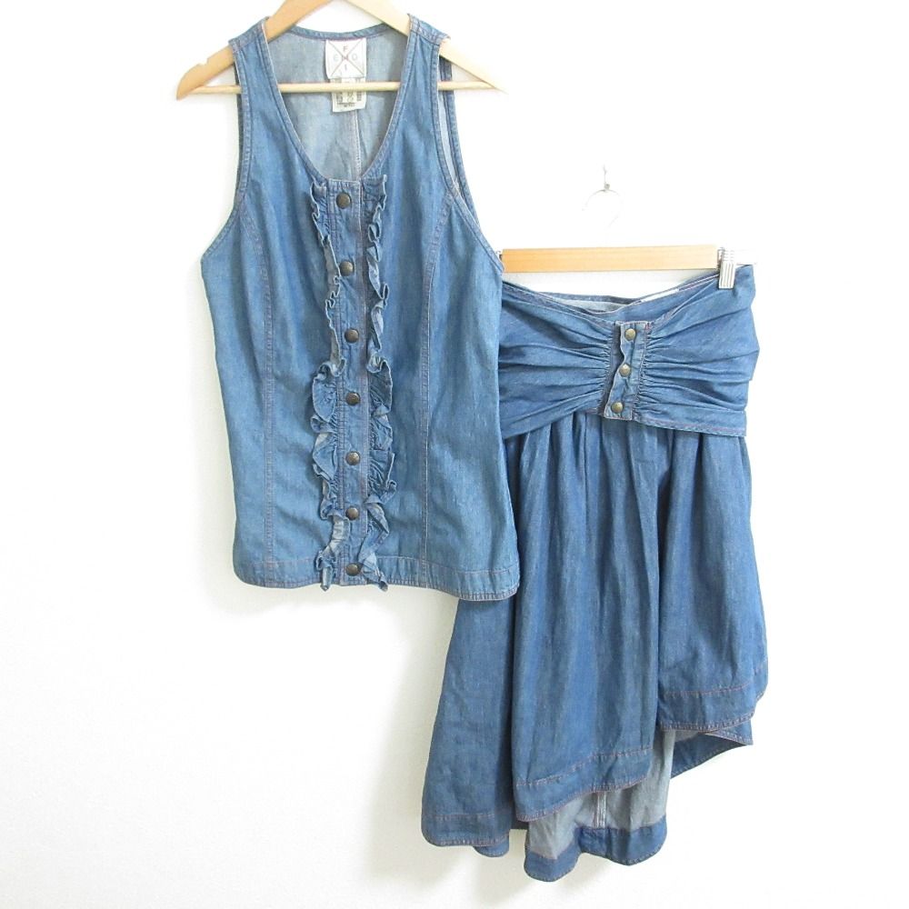 FENDI フェンディ ヴィンテージ デニム トップス フ スカート ベルト 3点セットアップ サイズ42 ブルー レディース 古着