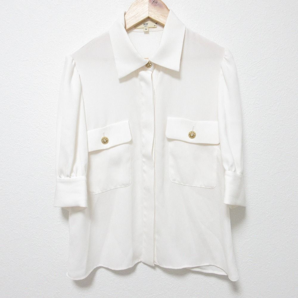 MW TOKYO エムダブリュー バックサテン ハーフスリーブビジュー ブラウス MW17-FK001 サイズ36 ホワイト レディース 古着