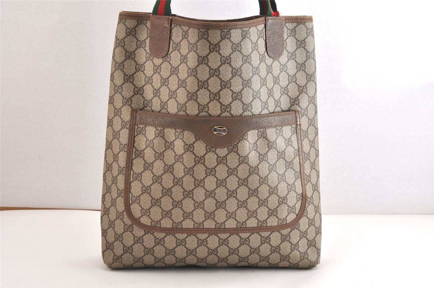 GUCCI グッチ ウェブ シェリーライン ショルダートートバッグ GGピーブイシー レザー ブラウン 4301N