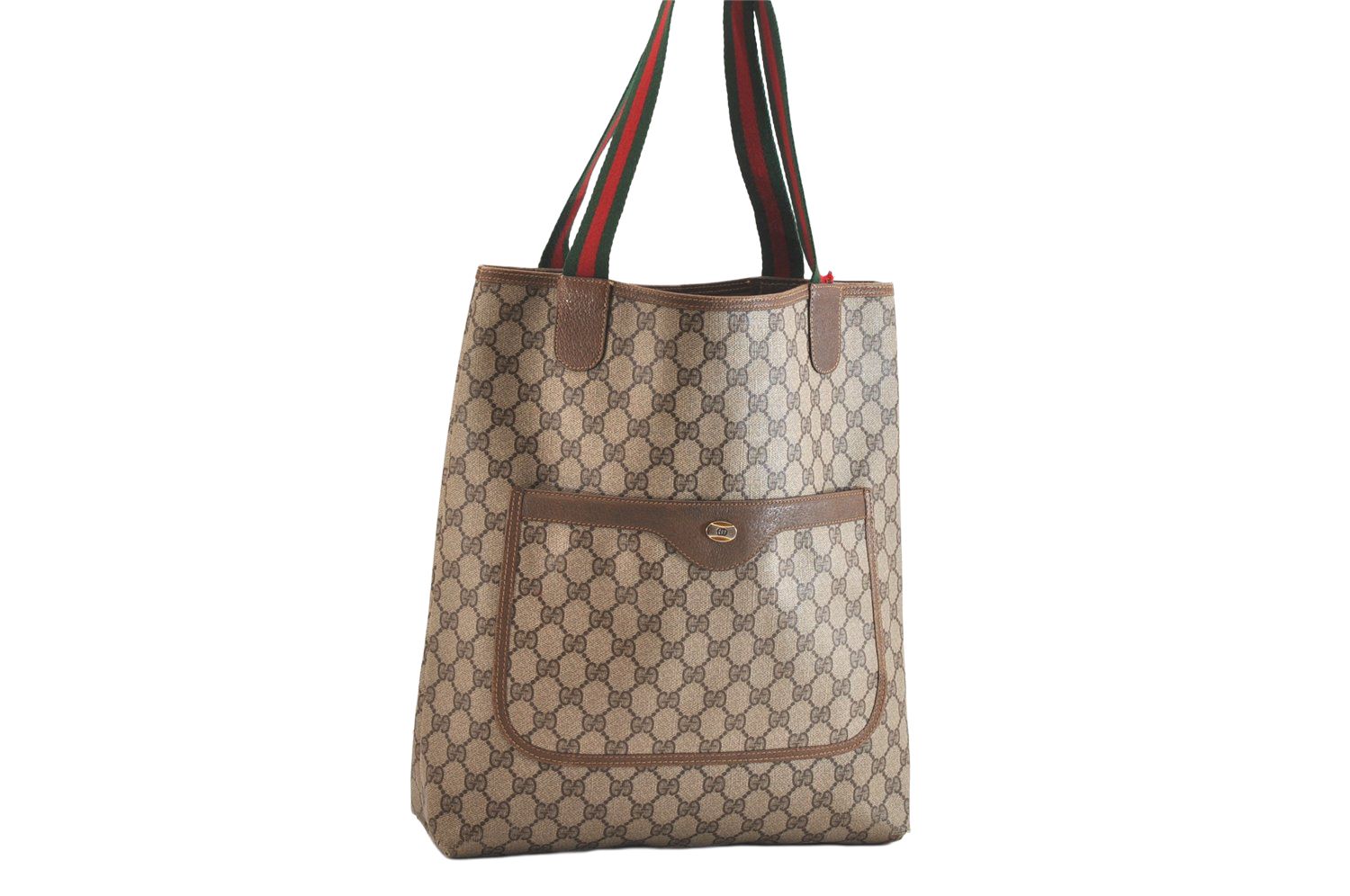 GUCCI グッチ ウェブ シェリーライン ショルダートートバッグ GGピーブイシー レザー ブラウン 4301N