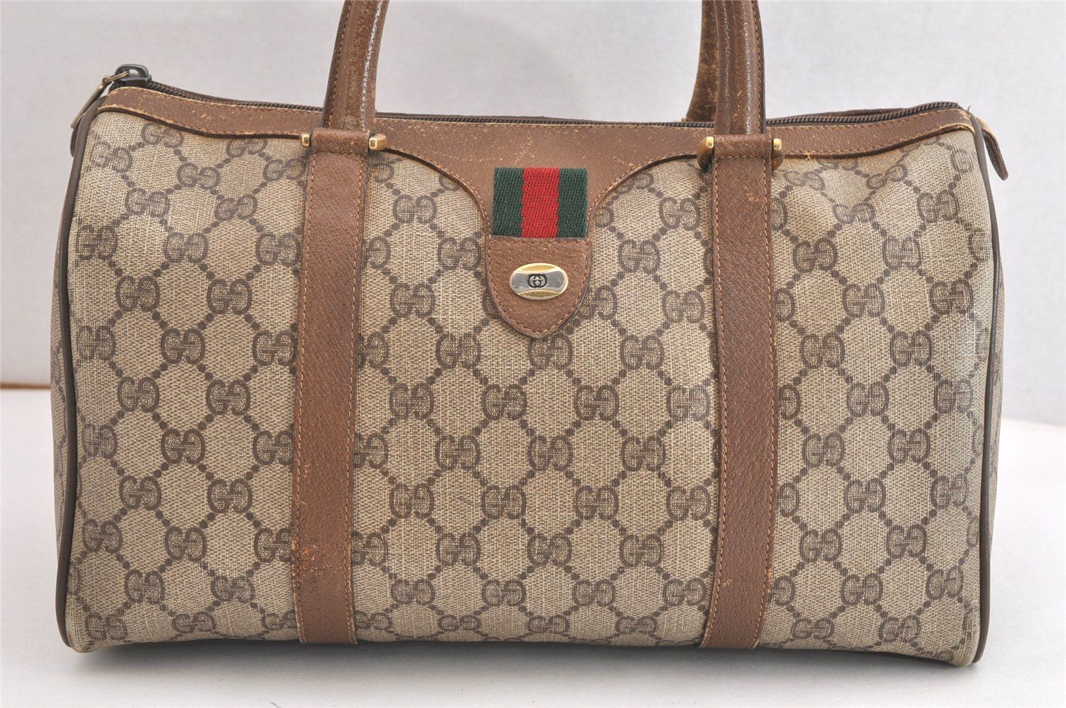 GUCCI グッチ ウェブ シェリーライン ハンドボストンバッグ GGピーブイシー レザー ブラウン ジャンク 4325N