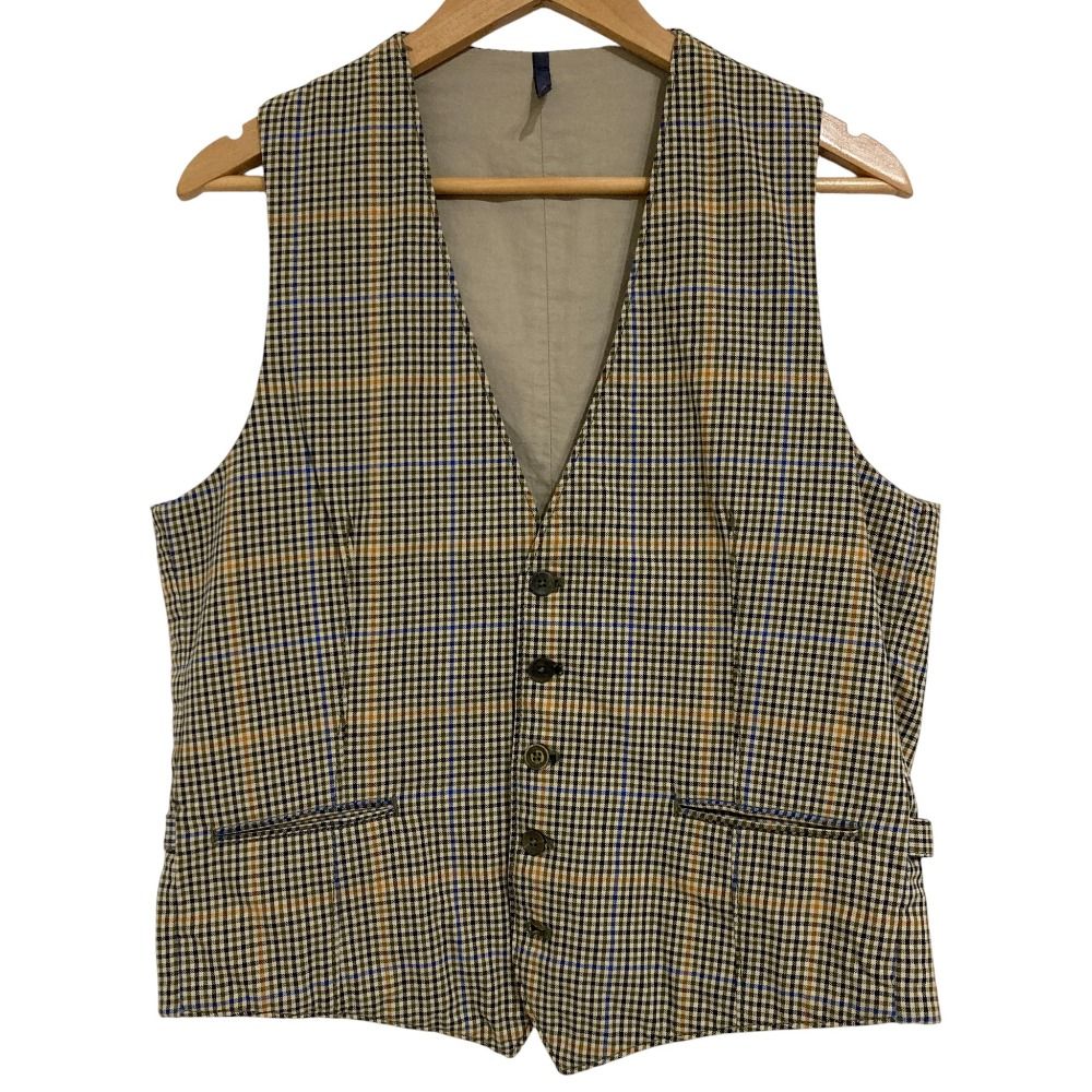 MONTEDORO モンテドーロ チェック柄 Vネック ジレ ベスト Mサイズ ベージュ系 メンズ 古着