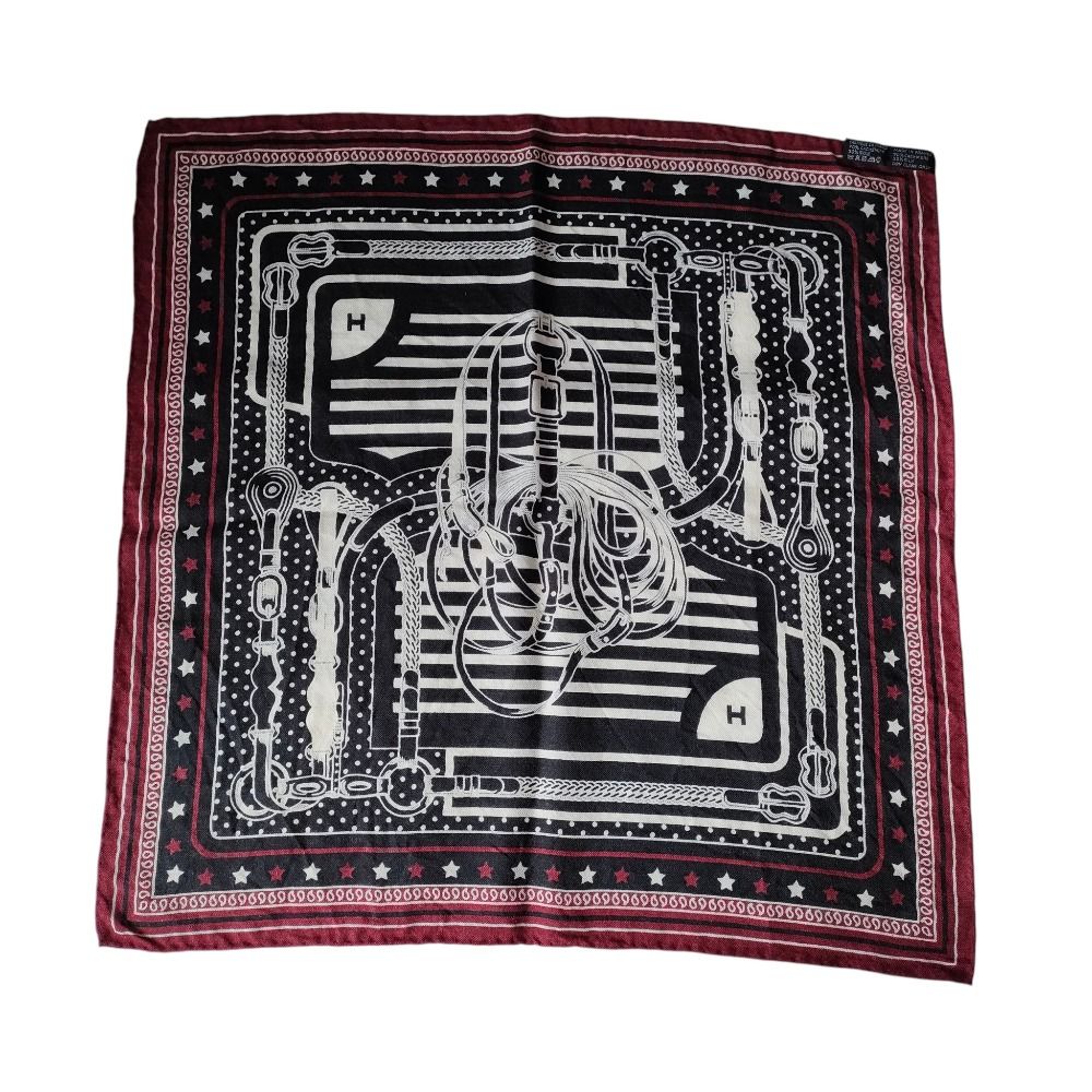 HERMES エルメス カレ55 カシミア×シルク COACHING スカーフ ブラック×ボルドー レディース 古着