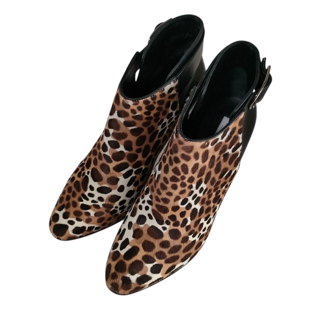 Max Mara マックスマーラ ハラコ レザー アニマル柄 レオパード ショートブーティ シューズ 37 24 cm相当 ブラック×ブラウン レディース 古着