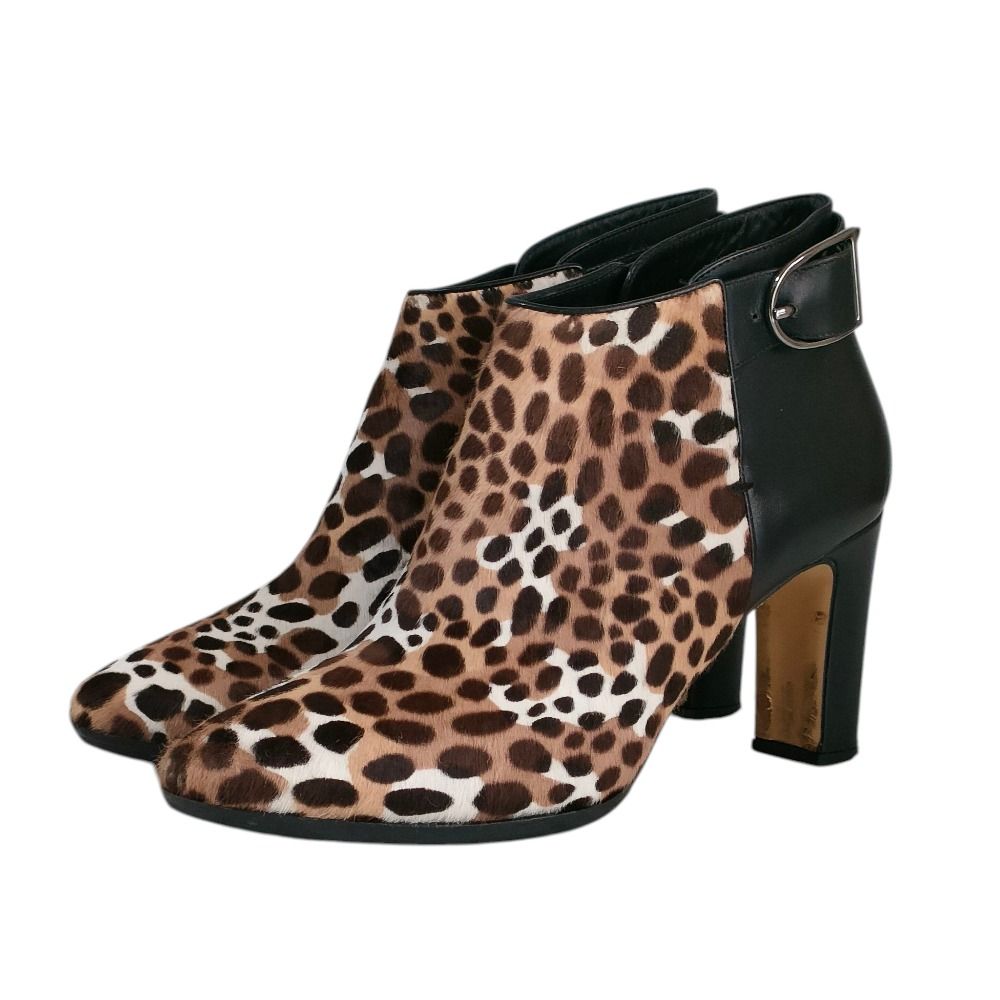Max Mara マックスマーラ ハラコ レザー アニマル柄 レオパード ショートブーティ シューズ 37 24 cm相当 ブラック×ブラウン レディース 古着