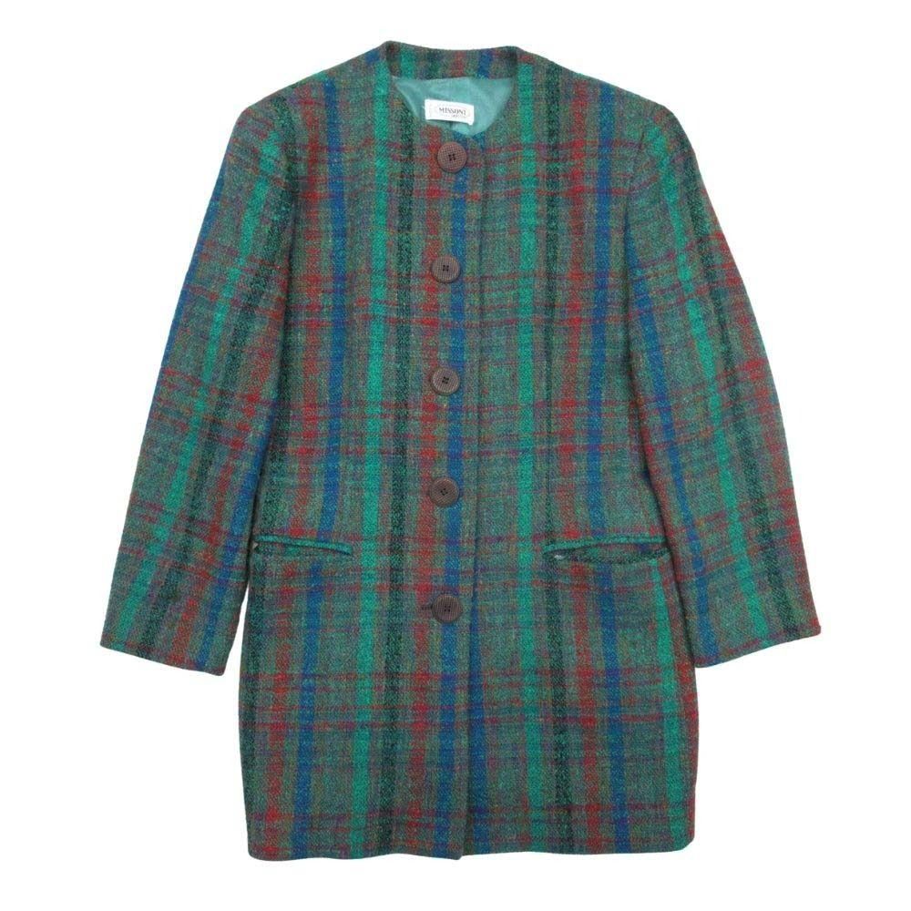 MISSONI DONNA ミッソーニ ツイード ノー ジャケット ひざ丈 タイト スカート スーツ セットアップ 44 緑 グリーン レディース 古着