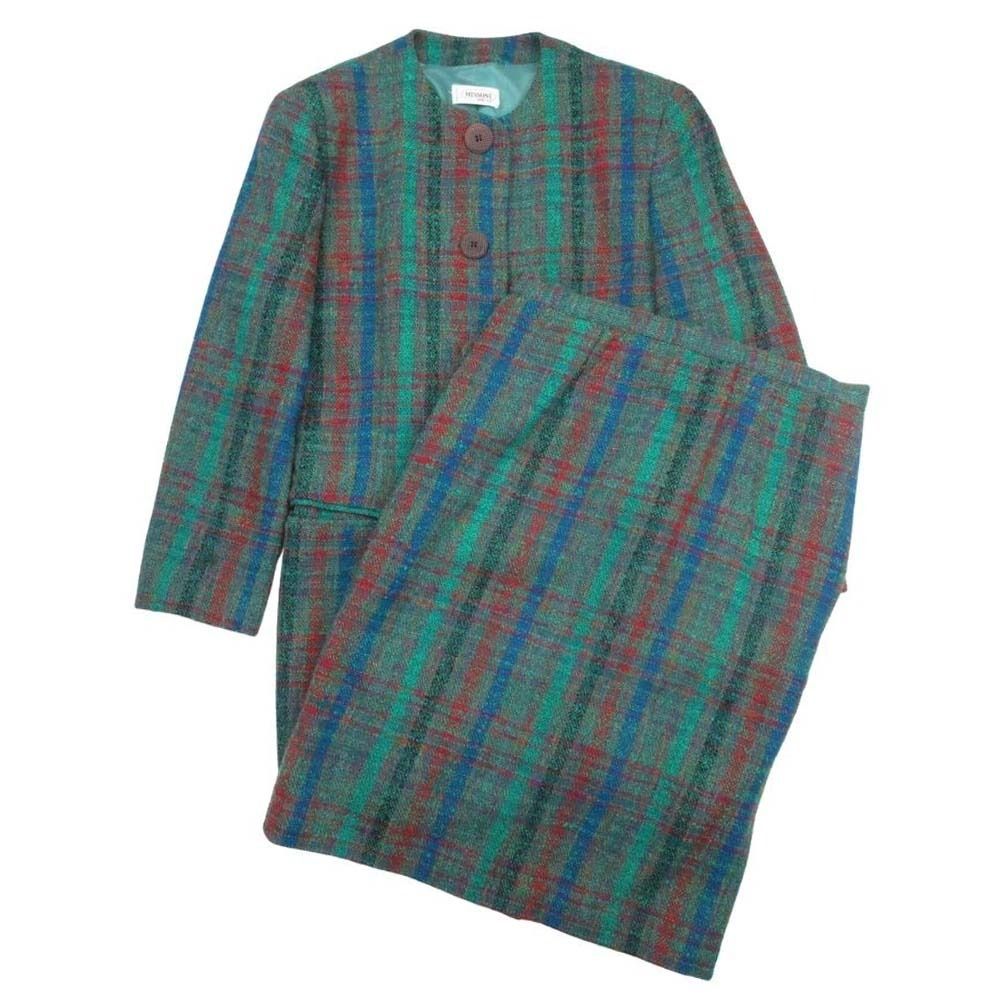 MISSONI DONNA ミッソーニ ツイード ノー ジャケット ひざ丈 タイト スカート スーツ セットアップ 44 緑 グリーン レディース 古着