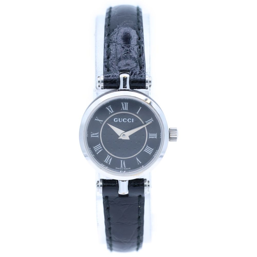 GUCCI グッチ シェリーライン ラウンド クロコ型押し エンボスレザーベルト ブラック文字盤 クォーツウォッチ 腕時計 シルバー ブラック 2040L