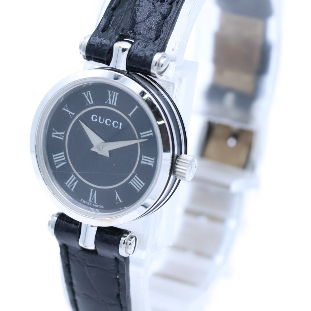  GUCCI グッチ シェリーライン ラウンド クロコ型押し エンボスレザーベルト ブラック文字盤 クォーツウォッチ 腕時計 シルバー ブラック 2040 L その他 時計