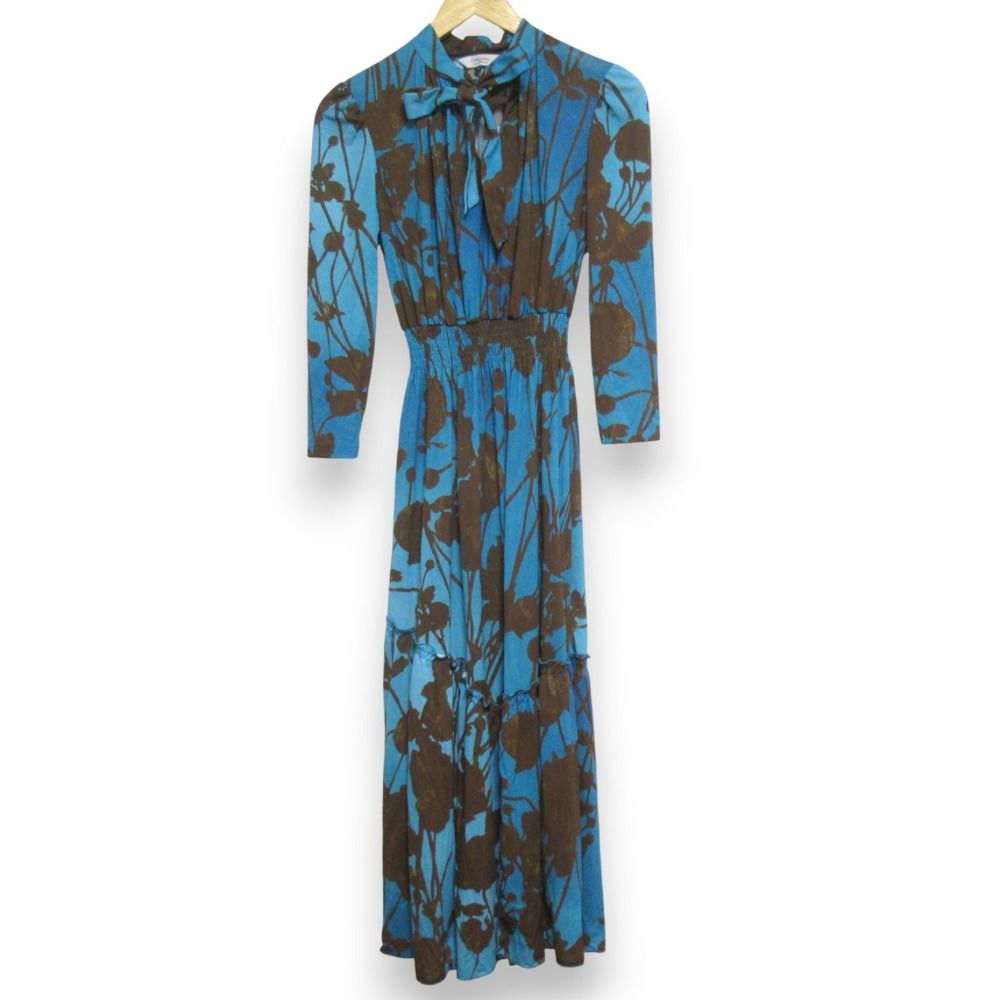 25SS CORCOVADO コルコバード Polyester Jersey ボウタイドレス ロングワンピース 32-251-0007 サイズ38 ブルー ブラウン レディース 古着