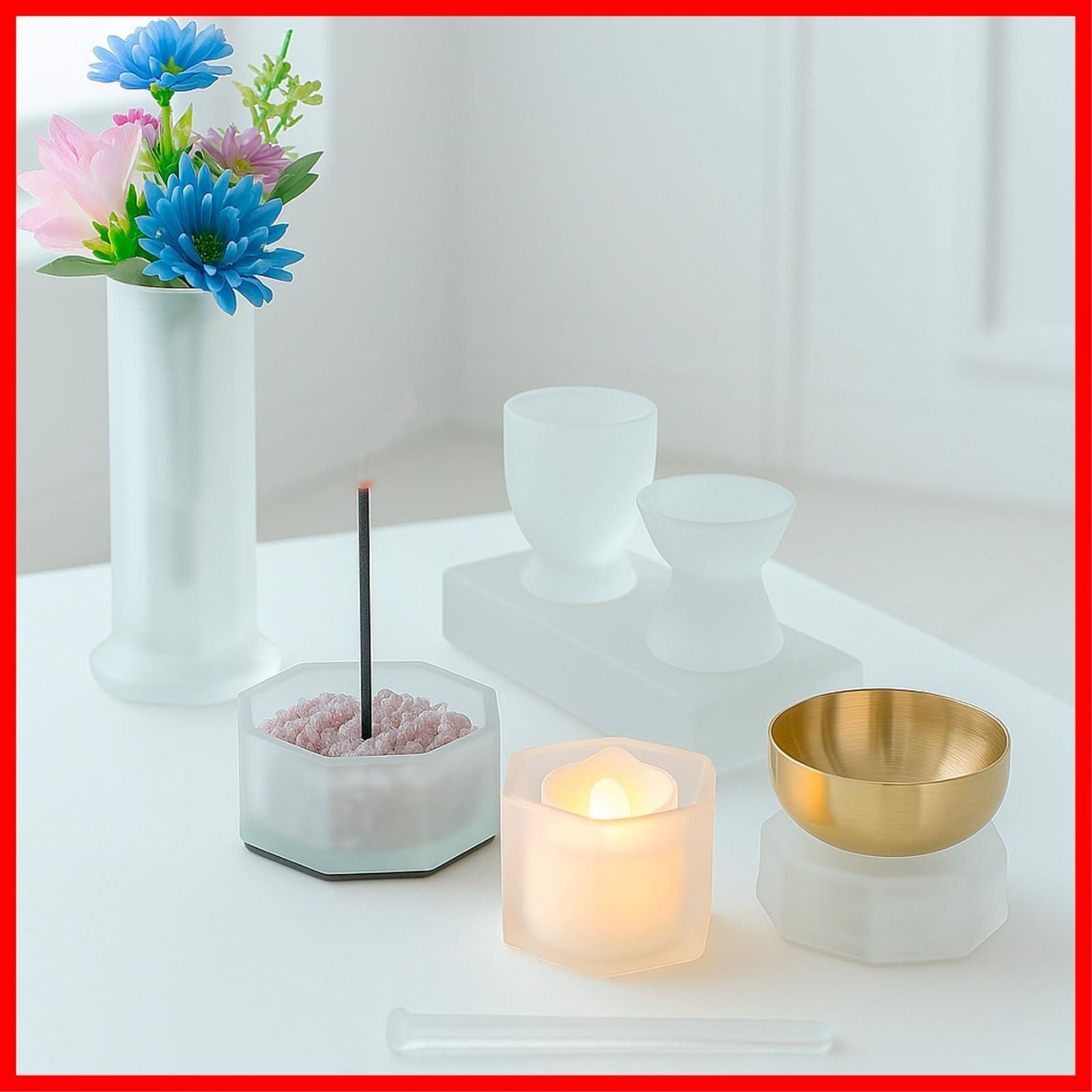 LEDキャンドル 色セット 香炉砂 リンー 花立ローソク立て モダン仏壇 香炉 ミニ仏壇 ご飯お水置台 ご飯入れ水入れ 法事 仏具セット お盆 お仏壇 TetoTe手と手 仏具10点セットタペストリーガラス おとは