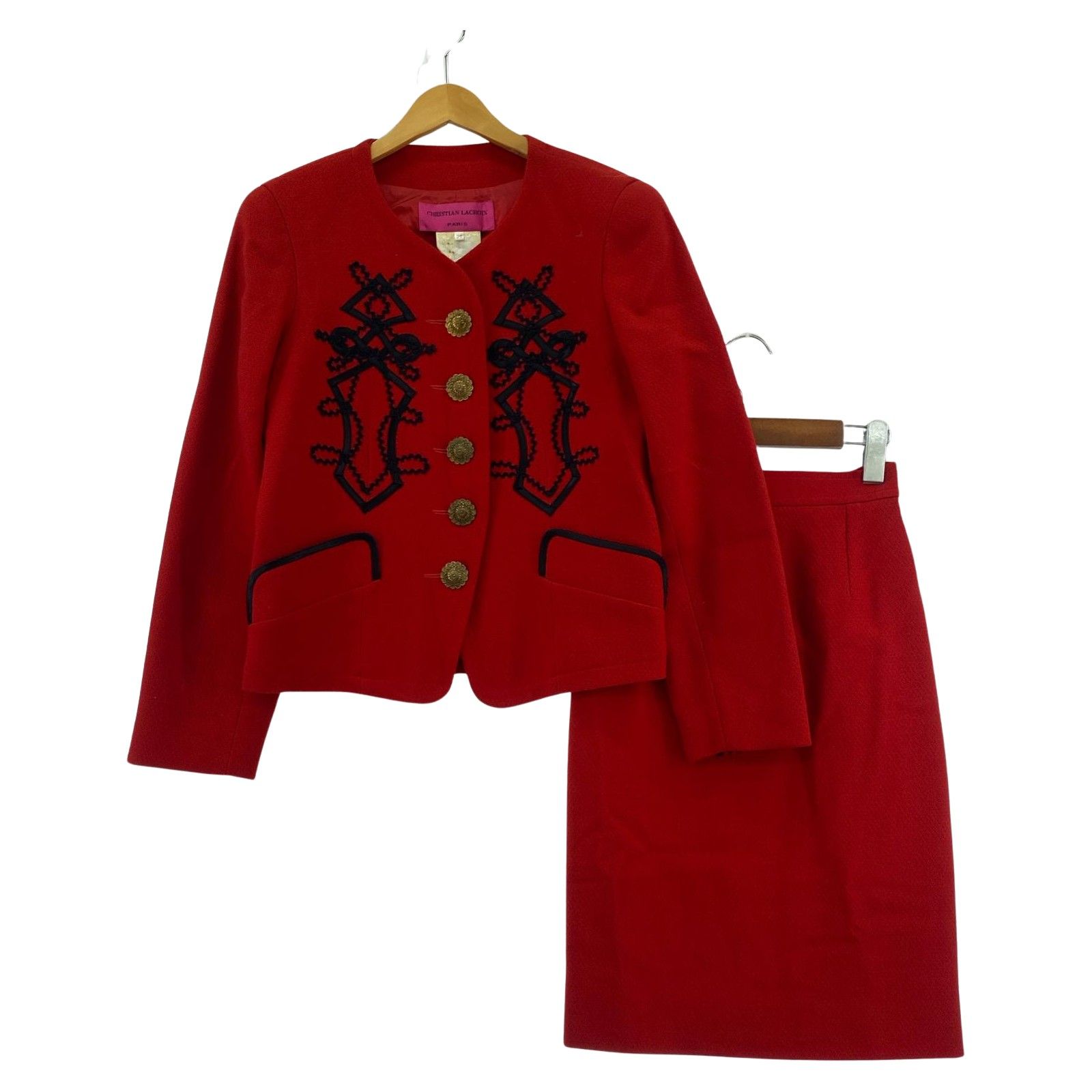 Christian Lacroix クリスチャンラクロワ 刺繍 ノー ジャケットセットアップ スカート size上下36 レッド
