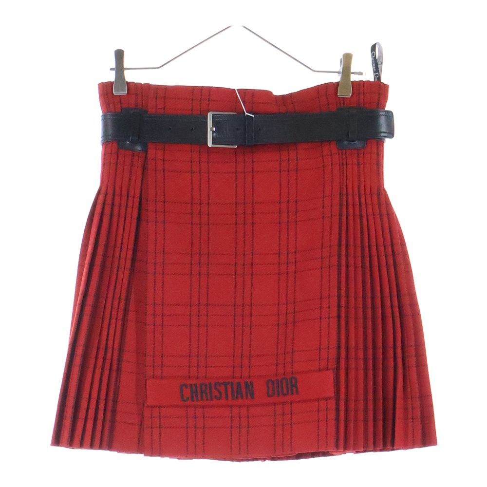 Christian Dior クリスチャンディオール ロゴ刺繍 チェック総柄 レザーベルト ウール プリーツ ミディアム ラップスカート レッド ブラック レディース 851J29A1029