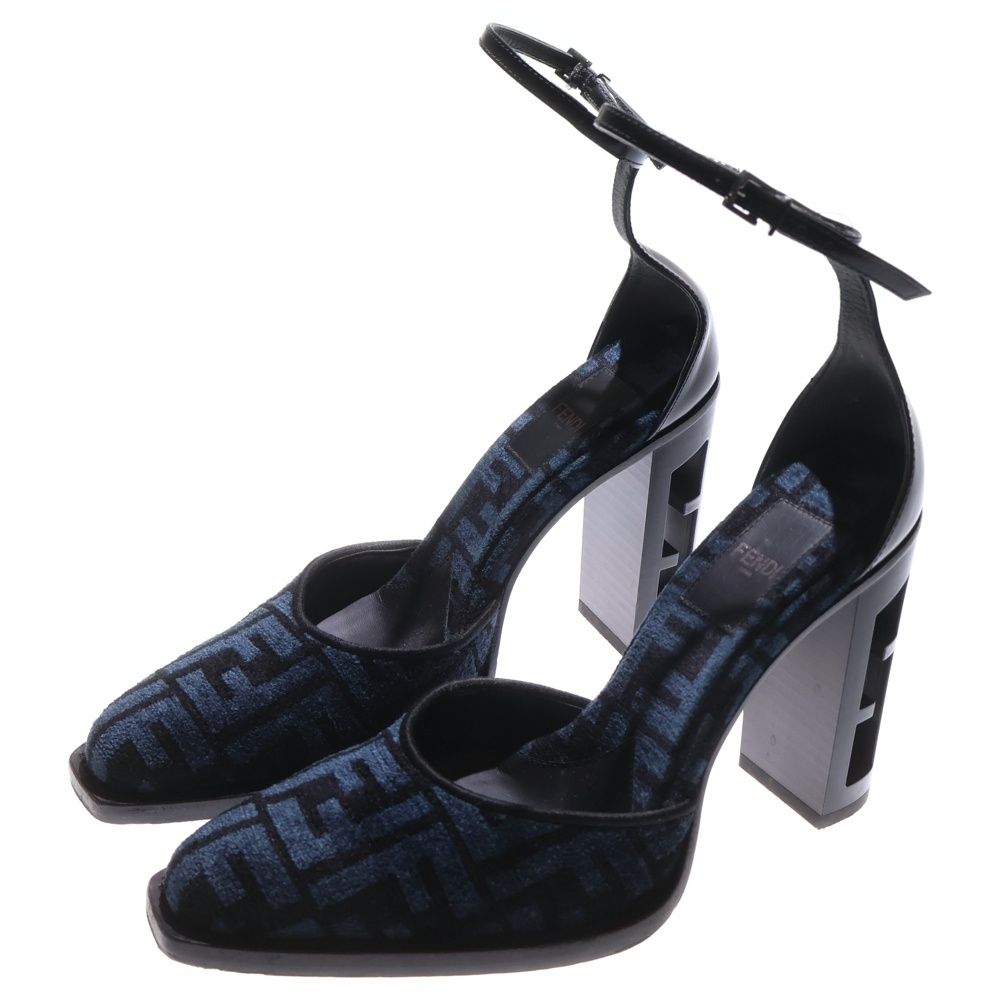 FENDI フェンディ ズッカ柄 FFロゴ カットアウトヒール レザー ストラップ パンプス シューズ ブラック ネイビー レディース