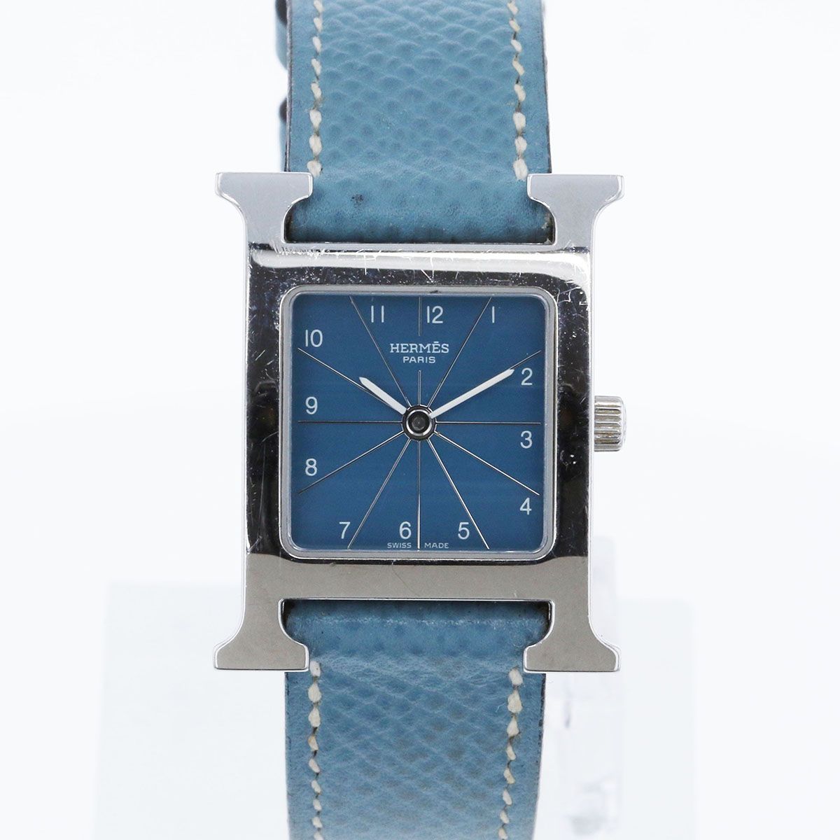 HERMES エルメス クオーツ Hウォッチ PM 腕時計 hh1.210 レディース ステンレススチール レザー ブルー ブルージーン E刻 2001年