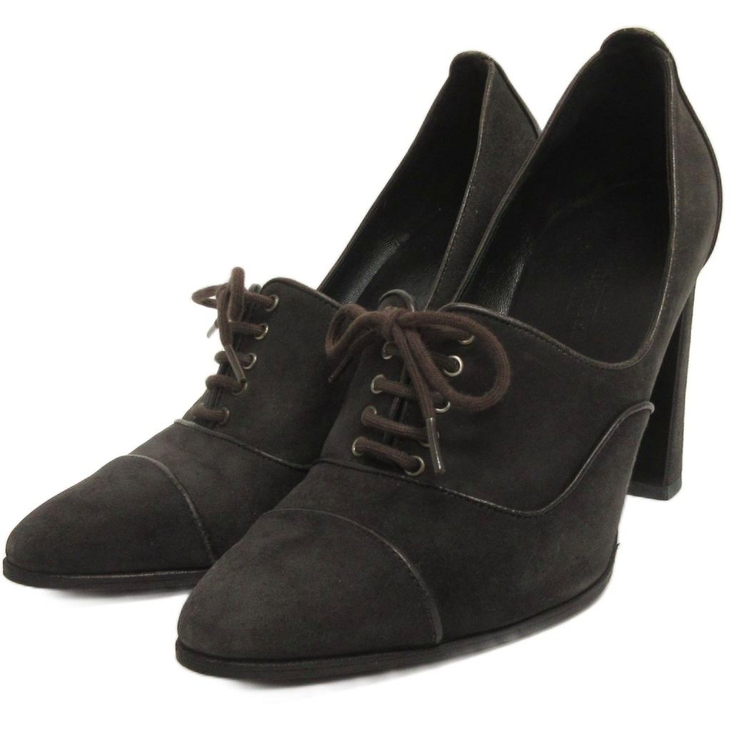 エルメス HERMES レースアップ ポインテッドトゥ パンプス スエード ダークグレー系 36