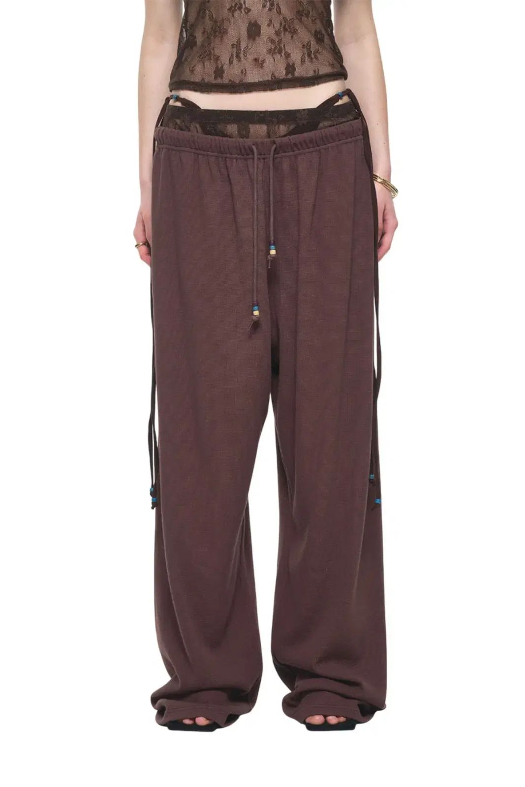 トゥーマーチ タグ WOOD BEAD WAFFLE PANTS BROWN