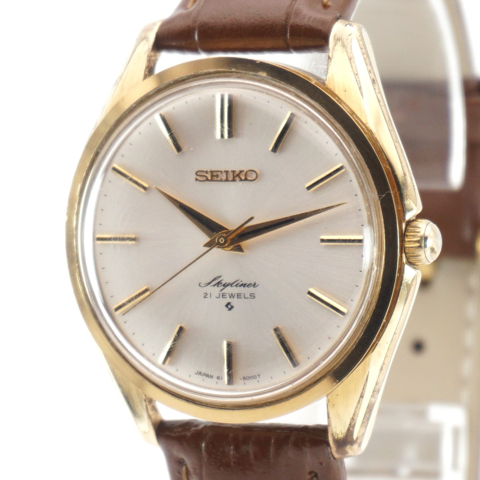SEIKO セイコー Skyliner 6100 8000 手巻き 21石 ヴィンテージ ゴールドケース シルバー文字盤 稼働品 ストラップ メンズ腕時計