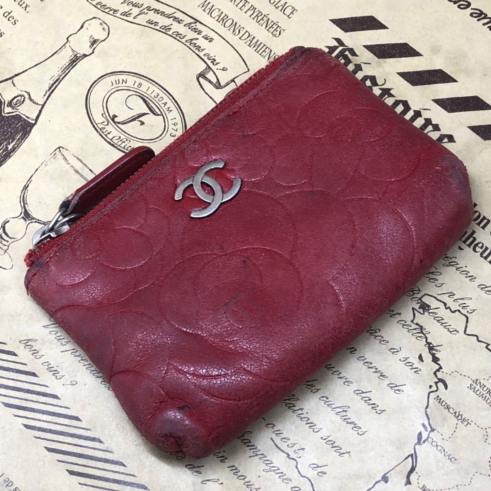 CHANEL ケース 小銭入れ カメリア ココマーク ロゴ金具 赤 本革 楽天