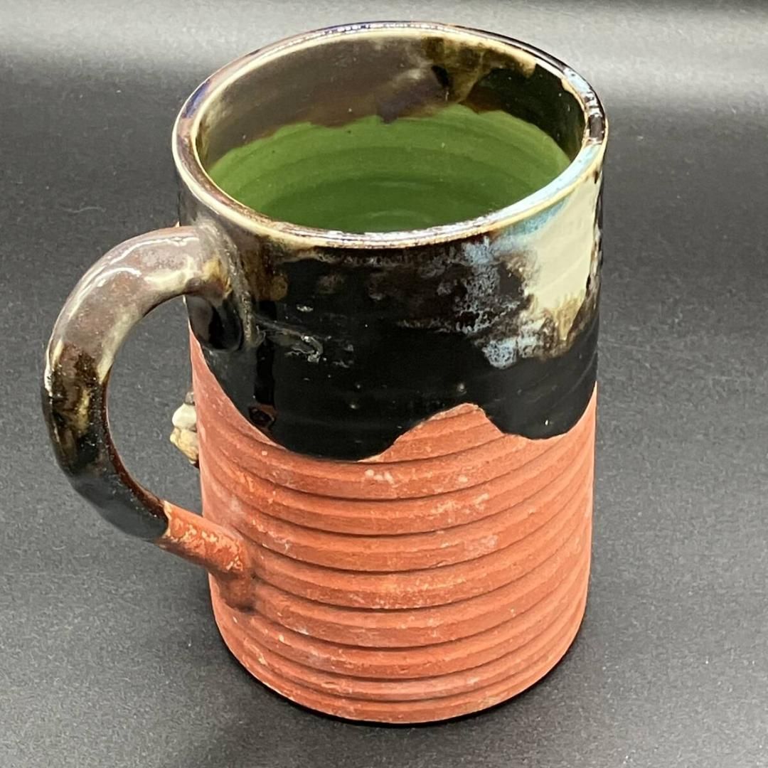 隅田焼 井上良斎作 高浮彫人物 マグカップ 明治期 古陶器 工芸品 署名