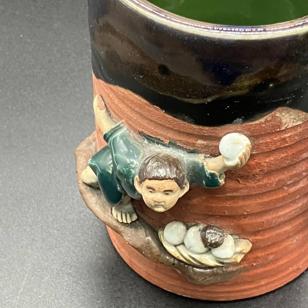 隅田焼 井上良斎作 高浮彫人物 マグカップ 明治期 古陶器 工芸品 署名