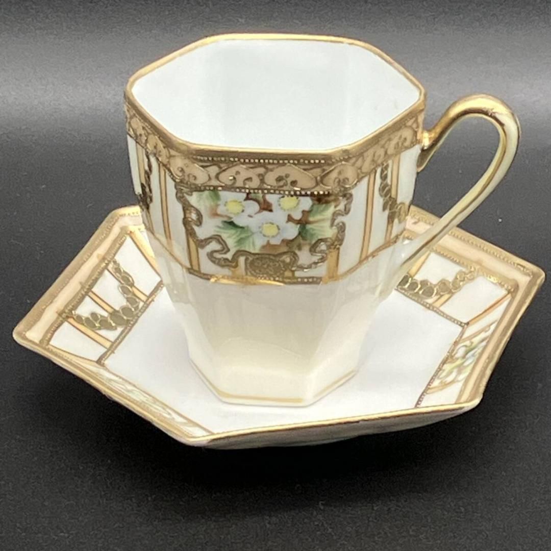 オールドノリタケ 6角形 マルキ印 花草柄 金彩 金盛 キャビネット