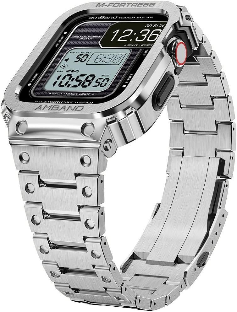 【2022改良モデル】 コンパチブル for Apple Watch バンド ステンレス ケースバンド 一体型 44mm Series 6/SE/5/4に対応 メンズメタルベルト 耐久性 耐衝撃 調整簡単 長さ調整器具付き 44 mm シルバー