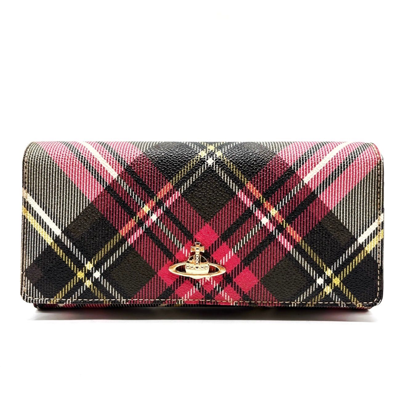 Vivienne Westwood ヴィヴィアンウエストウッド 長財布 ロングウォレット 二つ折り財布 オーブ タータンチェック pvc レザー 革 マルチカラー ピンク 桃色