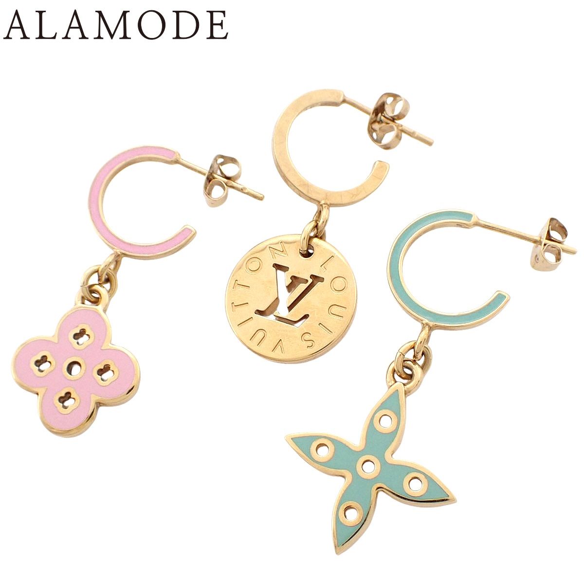 LOUIS VUITTON ルイ ヴィトン ブークル ドレイユ ルーピング ピアス M66074 メタル GP LVロゴ モノグラムフラワー 3個セット ゴールド金 ピンク グリーン レディース 40802163552 アラモード