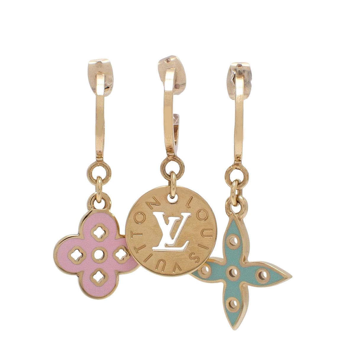 LOUIS VUITTON ルイ ヴィトン ブークル ドレイユ ルーピング ピアス M 66074 メタル GP LVロゴ モノグラムフラワー セット ゴールド金 ピンク グリーン レディース アラモード