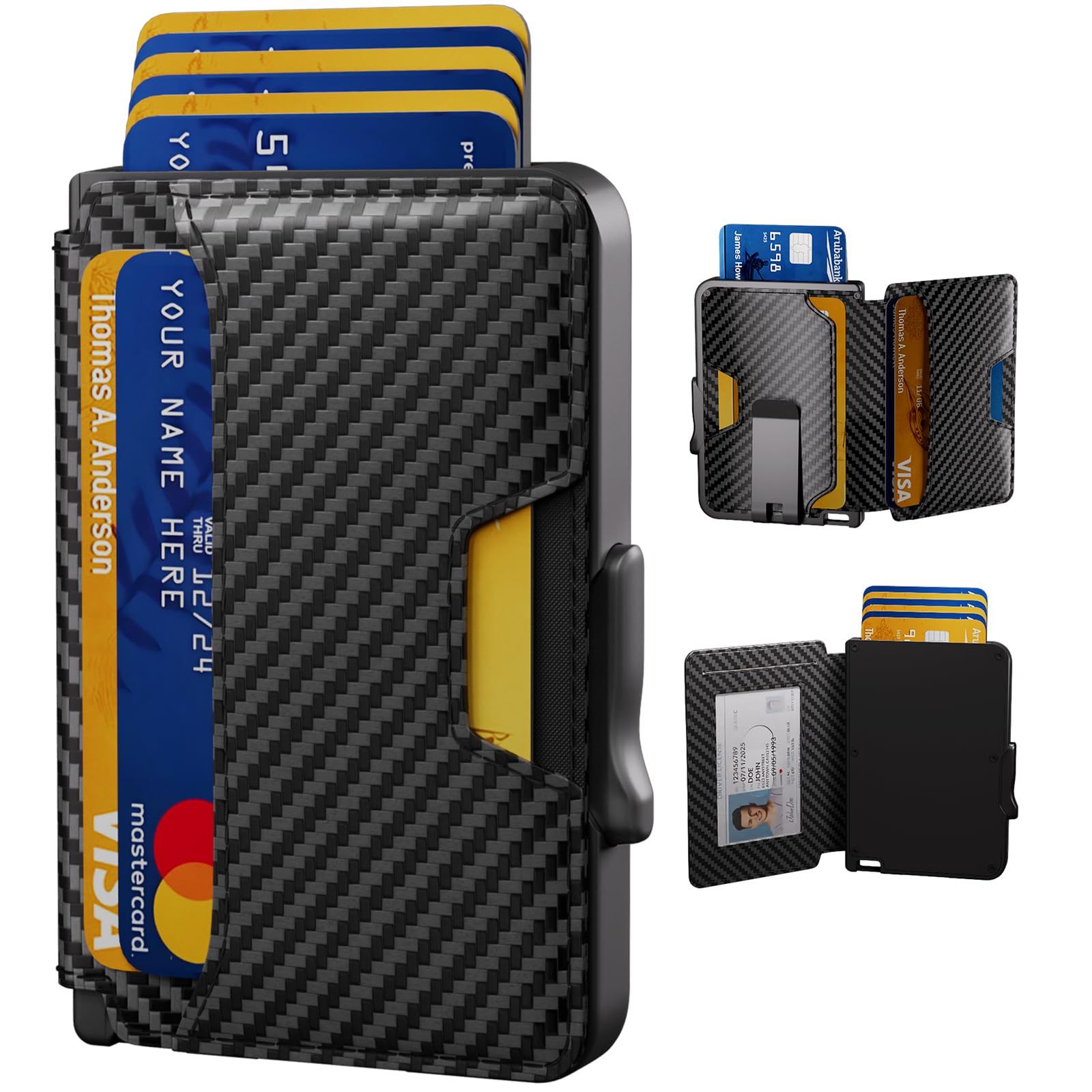 SEMORID 財布 メンズ 財布 ミニマリスト スリムウォレット RFIDブロック スマートポップアップウォレット マネークリップ-IDウィンドウ付き メタルコンパクトウォレット アルミニウムクレジットカードホルダーウォレット 炭素繊維 L 炭素繊維