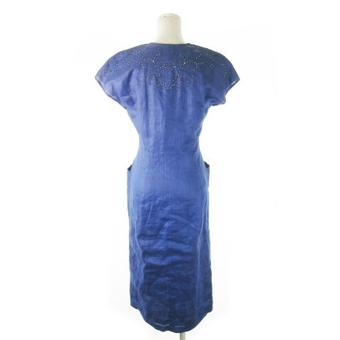 イタリヤ 伊太利屋 GK リネンワンピース ロング ノースリーブ フロントファスナー カットワーク刺繍 ラインストーン スタッズ 9 青 ブルー CK 12 GY 11
