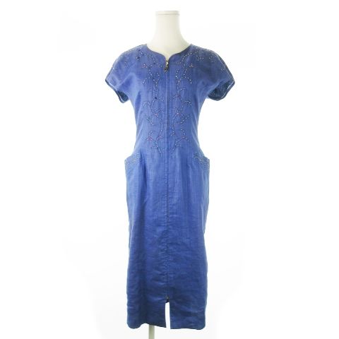 イタリヤ 伊太利屋 GK リネンワンピース ロング ノースリーブ フロントファスナー カットワーク刺繍 ラインストーン スタッズ 9 青 ブルー CK12 GY11