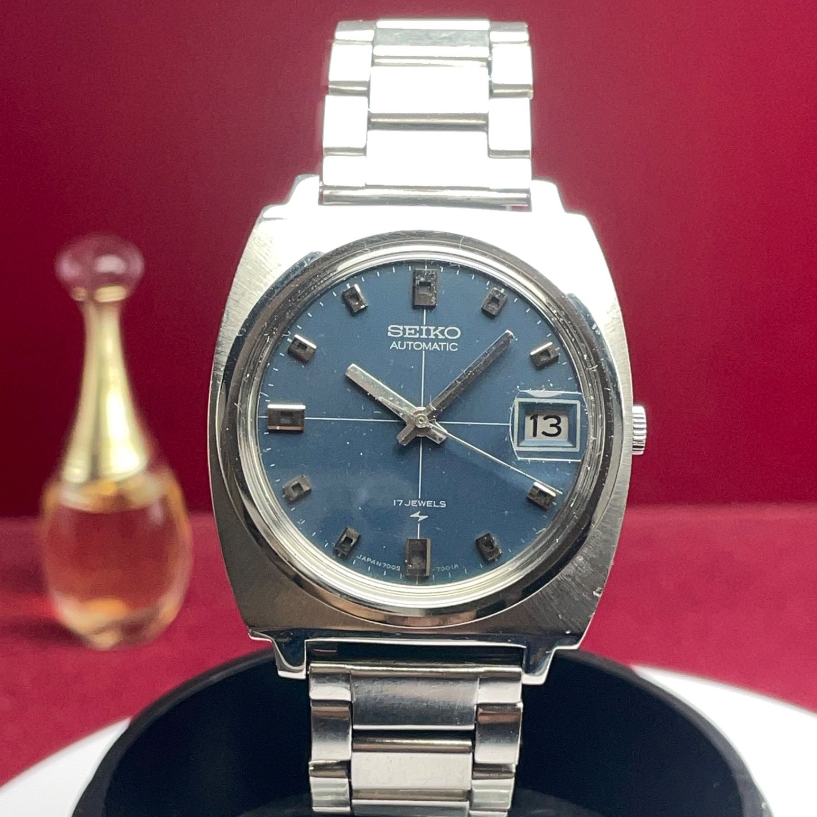  OH済 70s SEIKO AUTOMATIC ブルーグレー文字盤 純正ブレス セイコー 自動巻 稼働品 ヴィンテージ アンティーク 大人向け 自動巻き時計 腕時計(アナログ)