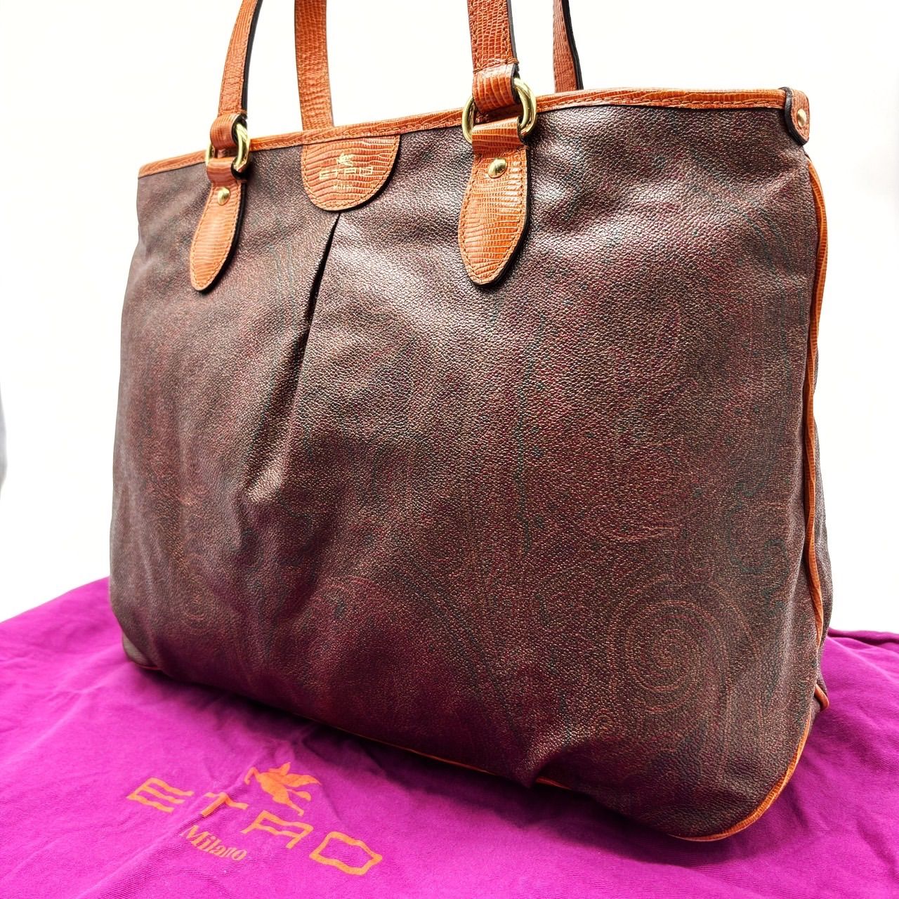 エトロ ETRO Milano PVC×レザー ブラウン ペイズリー柄 ゴールド金具