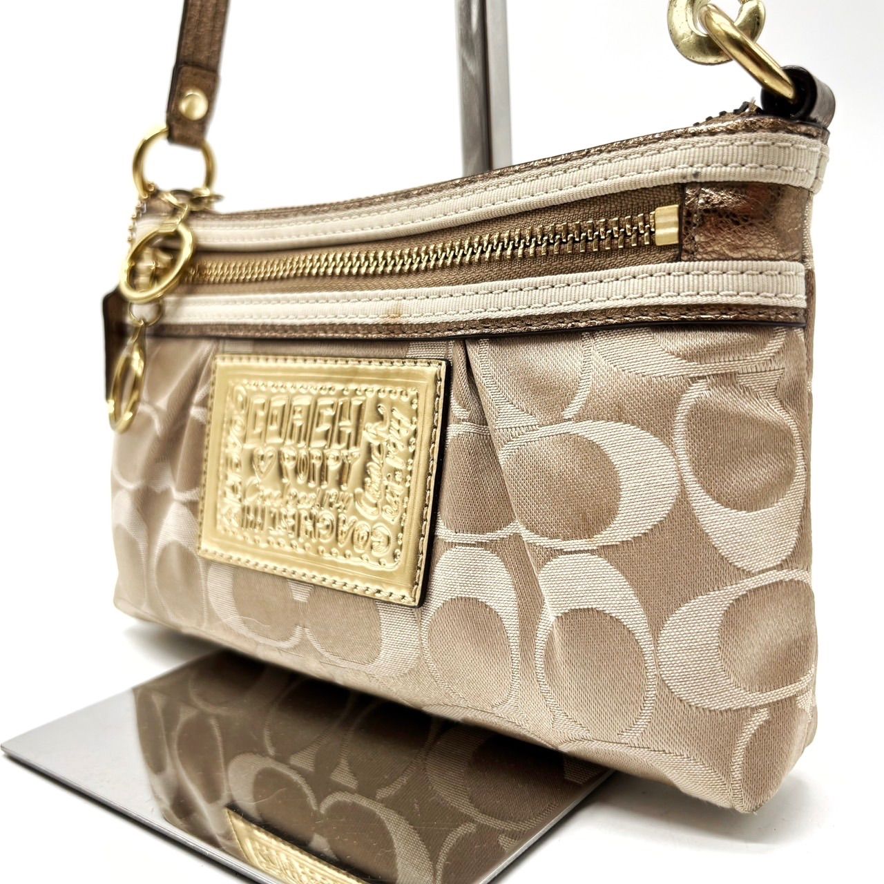 良品】 COACH Y2K POPPY signature beige canvas leather gold handbag