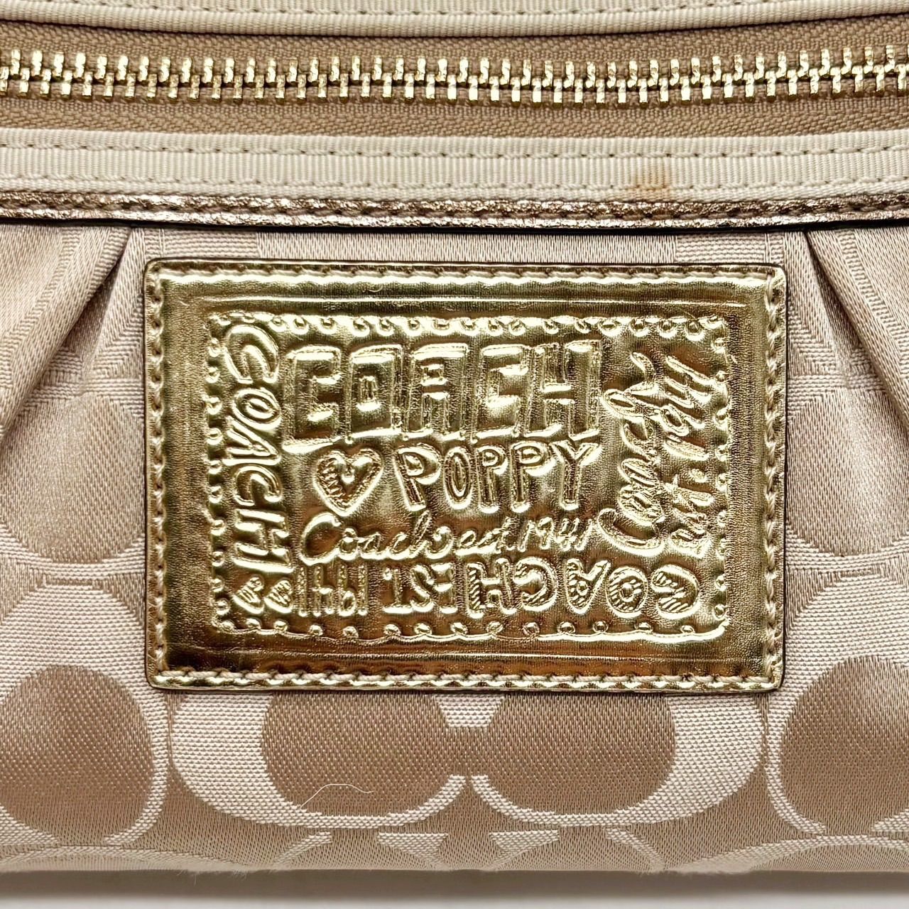 良品】 COACH Y2K POPPY signature beige canvas leather gold handbag