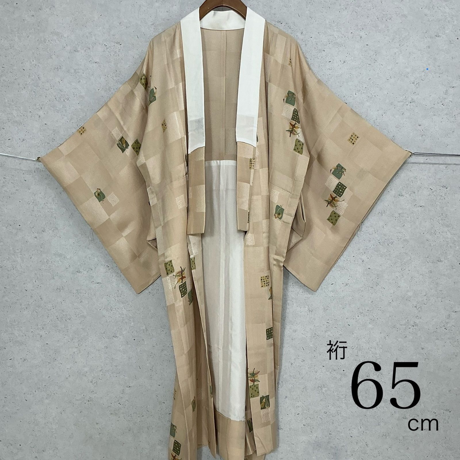 長襦袢➕単衣　小紋　フルセット　正絹　紬　紬帯　ナチュラル　N3 kimono+one◇美品◇長襦袢◇正絹◇単衣◇健勝苑ガード◇居敷当て付き