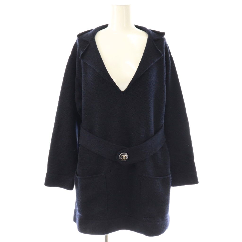 シャネル CHANEL P47679K06042 カシミヤ ベルト付き チュニックニット セーター 38 ネイビー ES OS