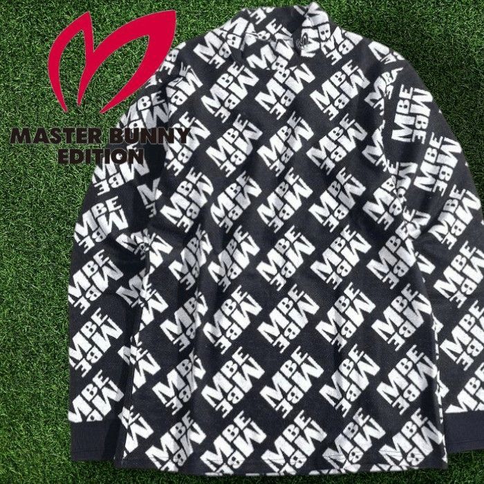 マスターバニー エディション パーリーゲイツ ゴルフ コットン混 ジャガード MBE総ロゴ 総柄 モックネック 長袖 ニットソー カットソー ゴルフウェア 758-3166003 定価1.9万 ブラック ホワイト 030 51111w07